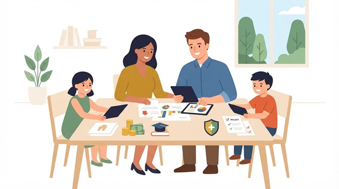 Calculate life insurance needs for a family of four by factoring in income, debts, childcare,...